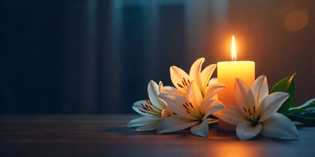 60+ Condolence Messages for Loss of Grandmother White candle and lilies as condolence symbol for loss of grandmother.