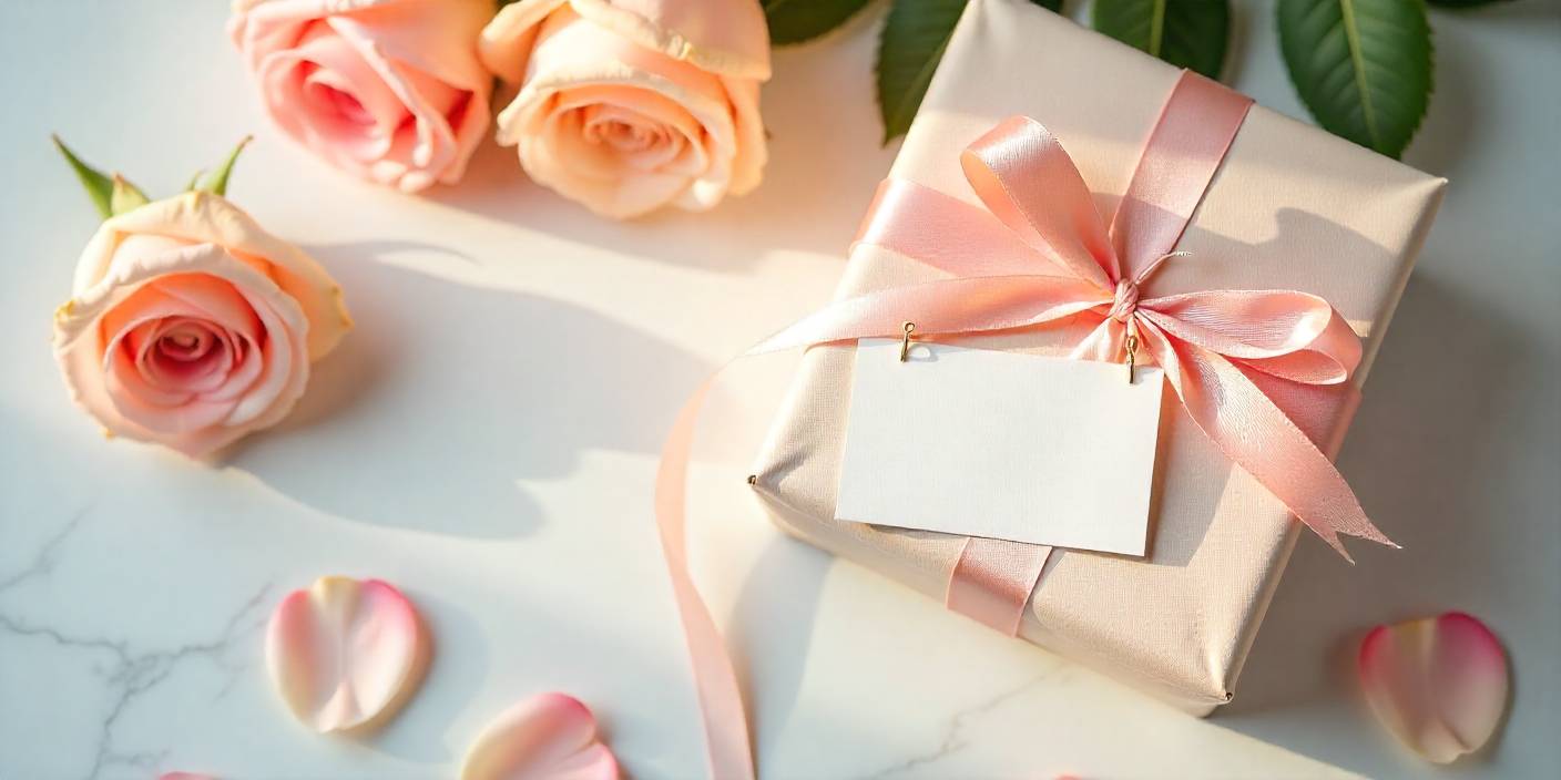 Romantic handwritten gift note beside a wrapped present with pink ribbon and roses.