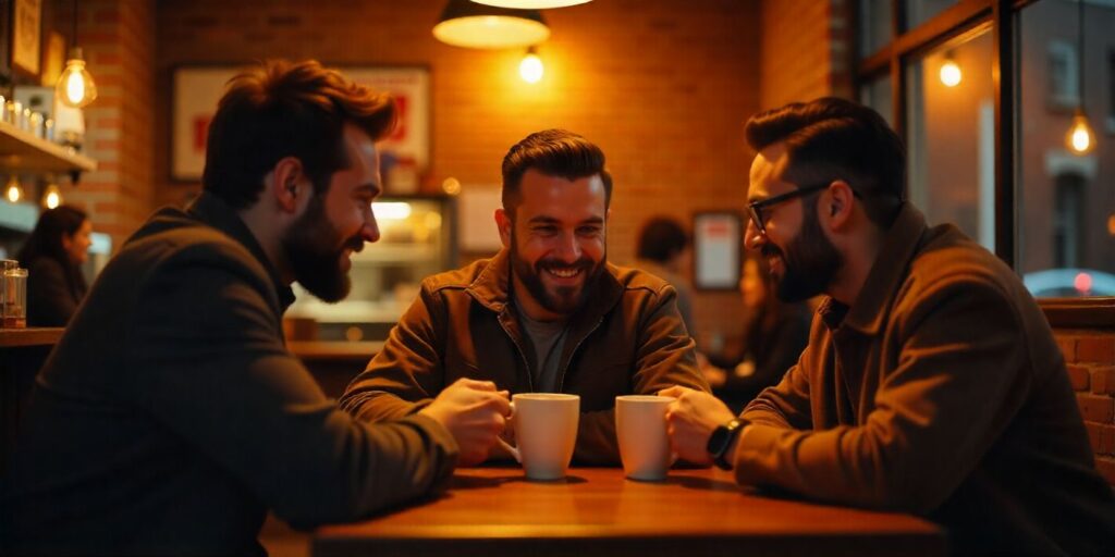 65+ Good Evening Messages for Friends Friends enjoying coffee in a café for good evening greetings.