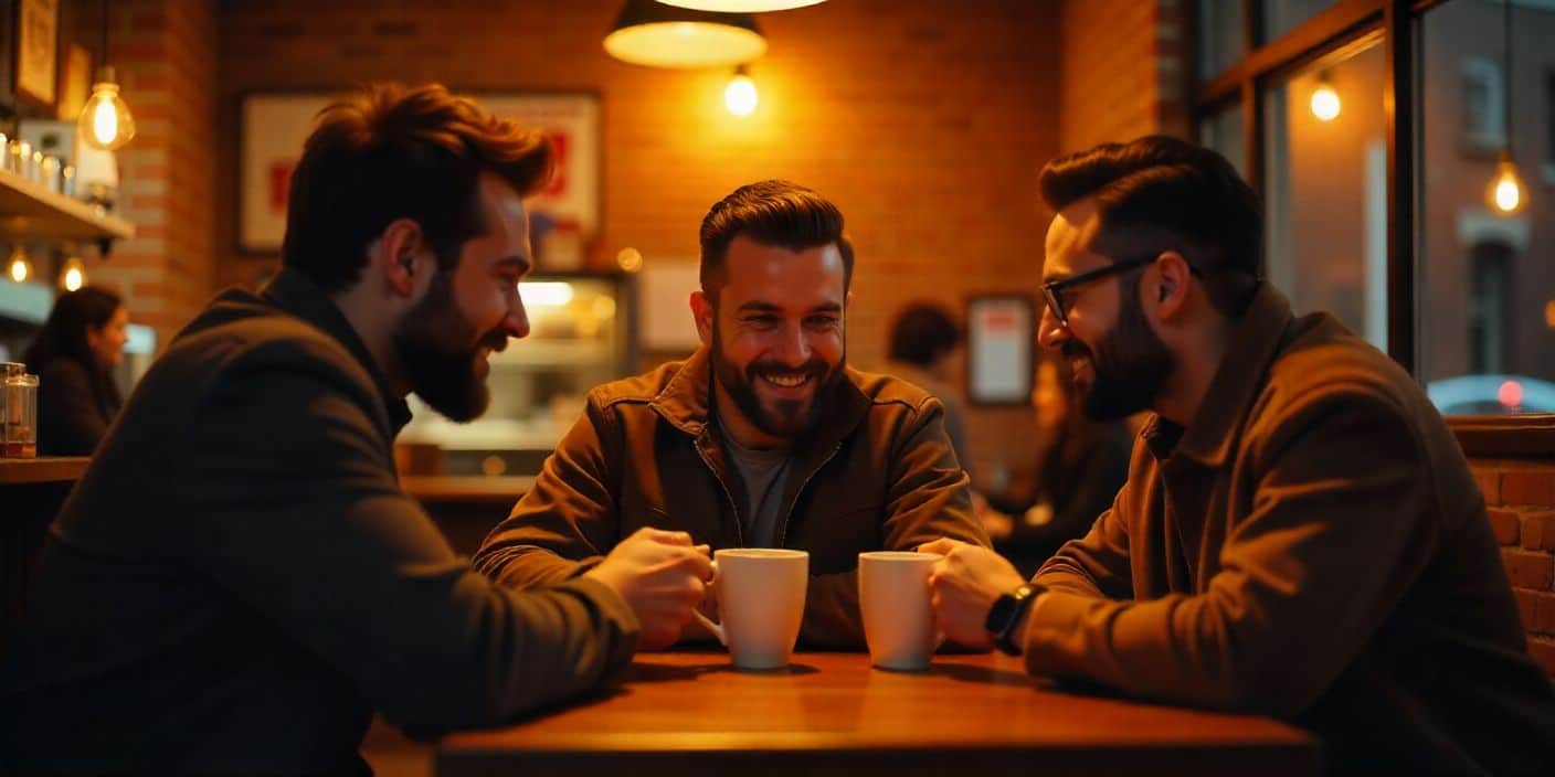 Friends enjoying coffee in a café for good evening greetings.