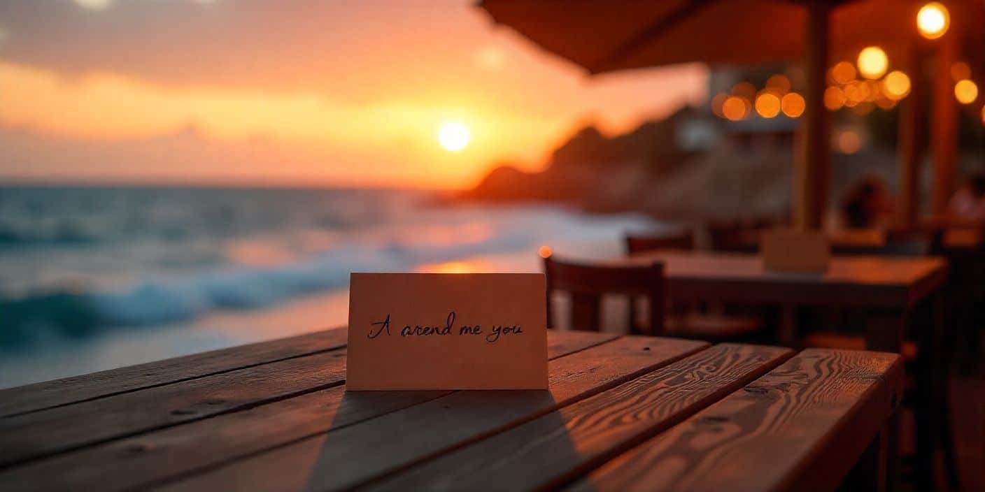 Romantic evening message setup with sunset and warm lights for her.
