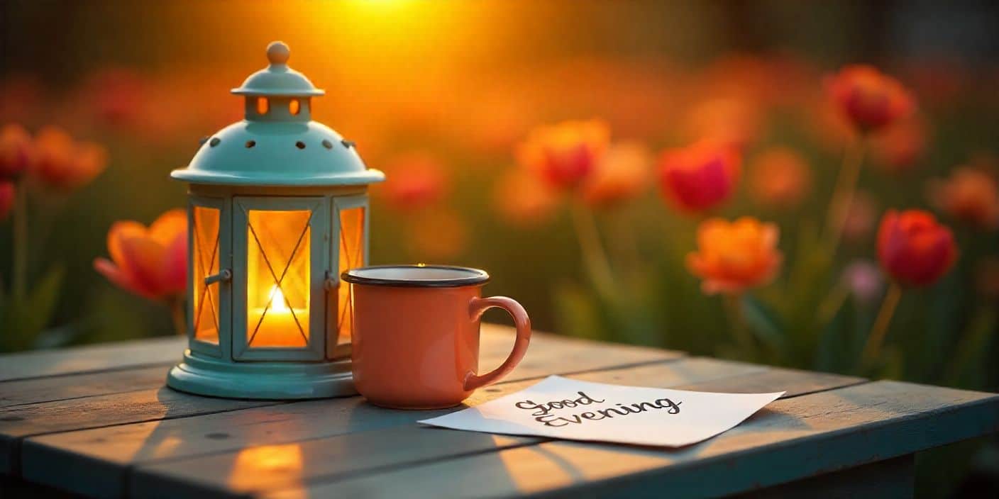 Cozy lantern and coffee with good evening message card for him.