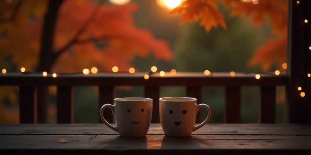 50+ Good Evening Messages for My Love Cozy evening setting with coffee mugs, perfect for sending good evening wishes to a loved one.