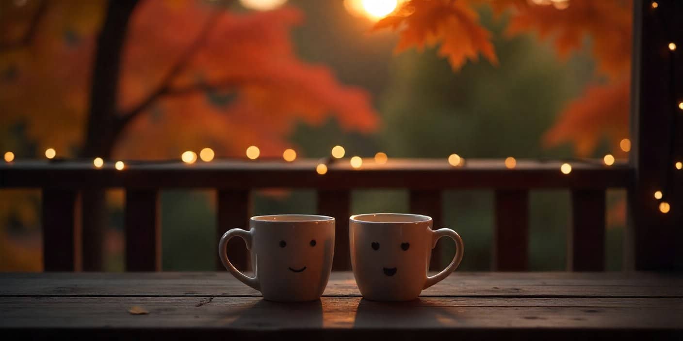 Cozy evening setting with coffee mugs, perfect for sending good evening wishes to a loved one.