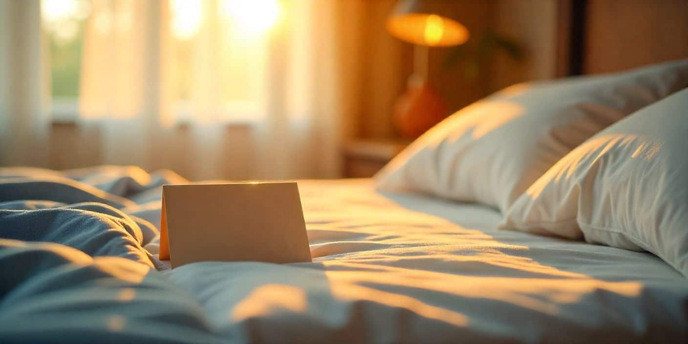 Evening message card on bed with soft sunset light.