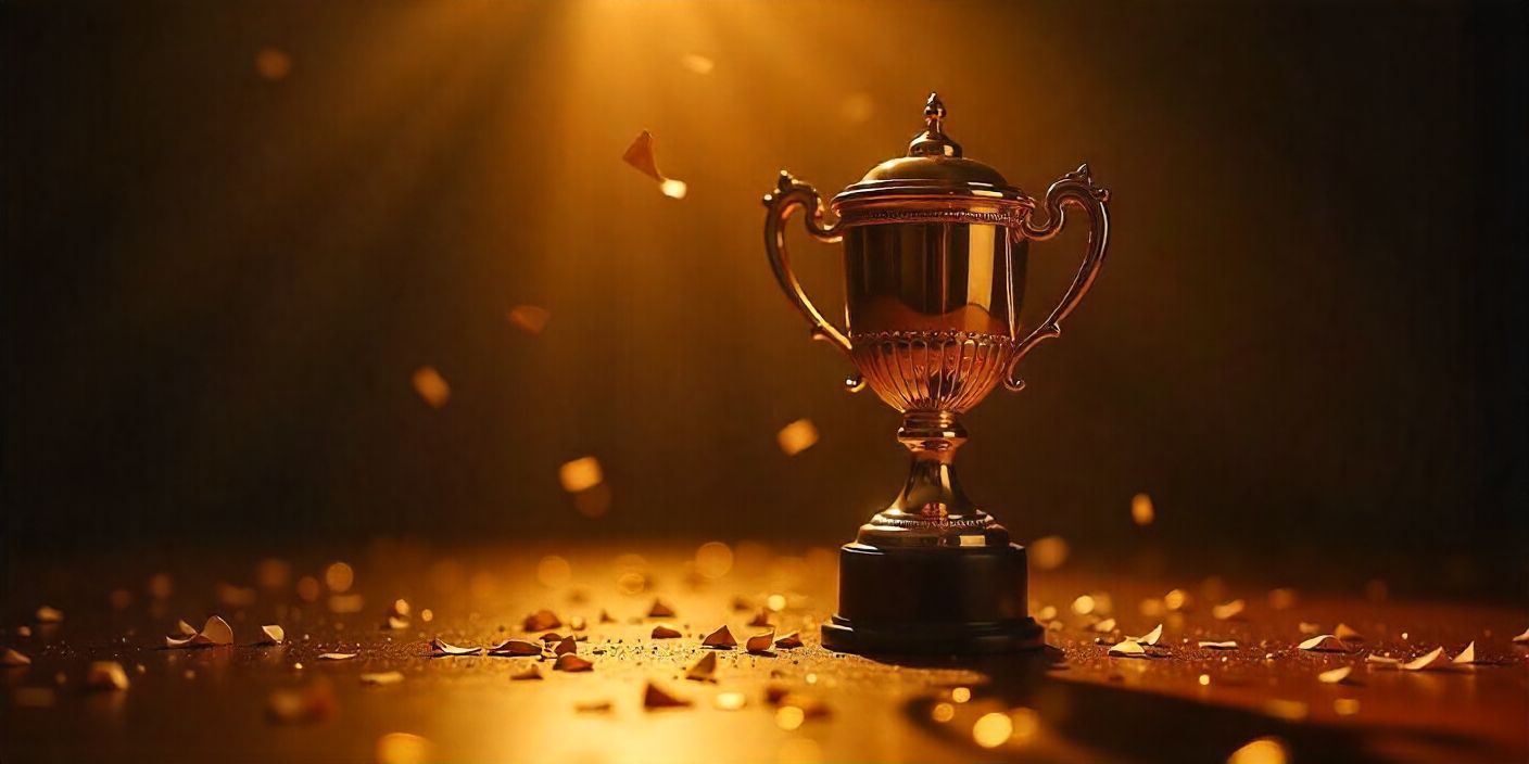 Trophy under spotlight with confetti, symbolizing good luck in competition.