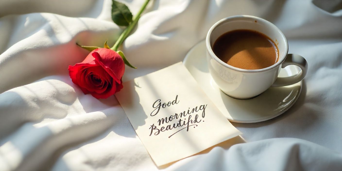Coffee and rose with handwritten good morning message for her on white bedsheet.