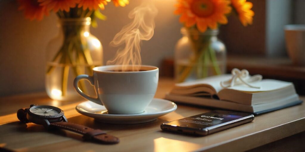 75+ Good Morning Messages for Him That Touch the Heart Coffee cup, watch, and phone with romantic good morning message for him on desk.
