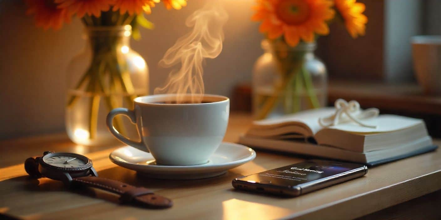 Coffee cup, watch, and phone with romantic good morning message for him on desk.
