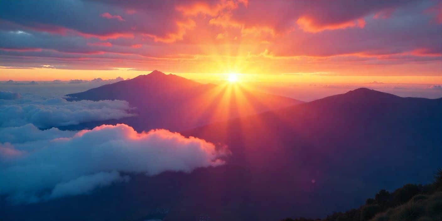 Sunrise over mountains with golden rays, symbolizing good morning prayers and blessings.