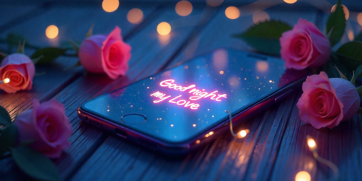 Romantic phone with good night love message for her surrounded by roses and fairy lights.