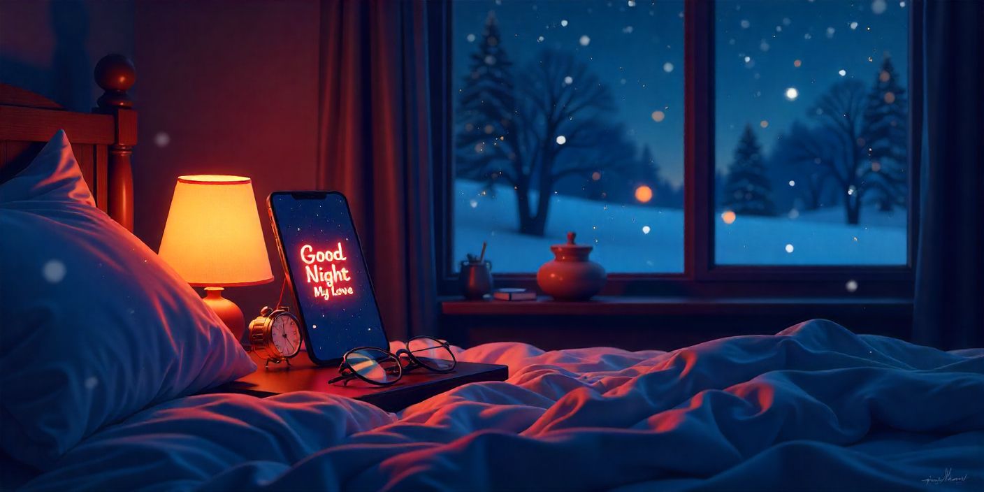 Good night love message for him displayed on phone beside watch and glasses.