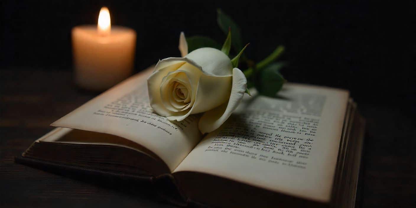 White rose and farewell message symbolizing goodbye messages for a dead friend.