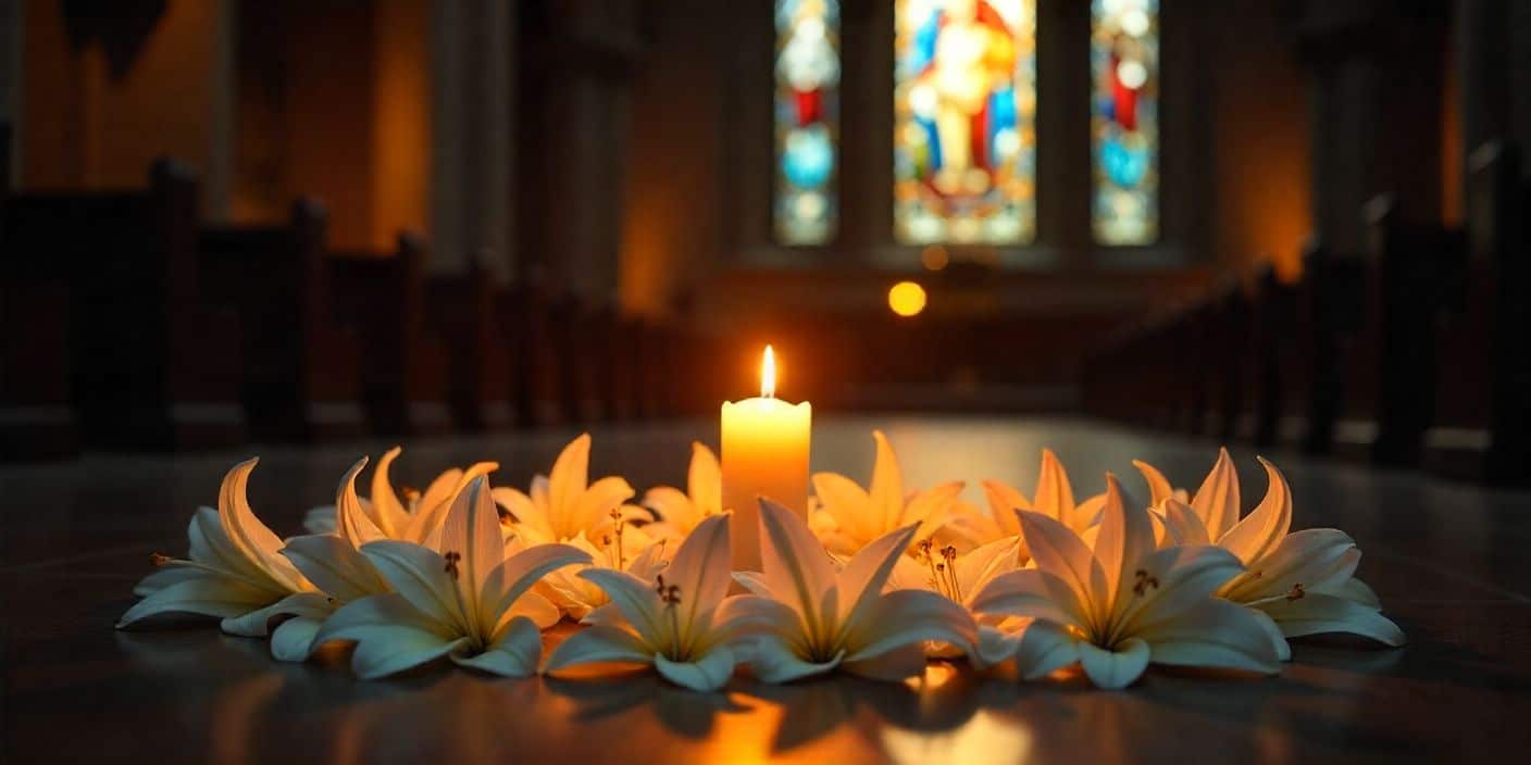 Candle and white lilies tribute image for brother’s farewell.