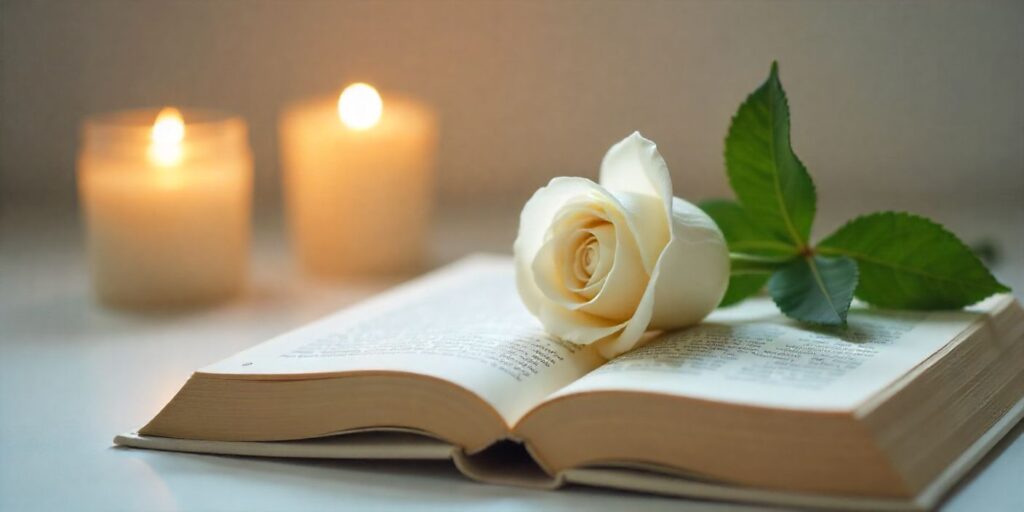 70+ Goodbye Messages to a Sister Who Passed Away White rose on book with candlelight symbolizing goodbye messages to a sister who passed away.