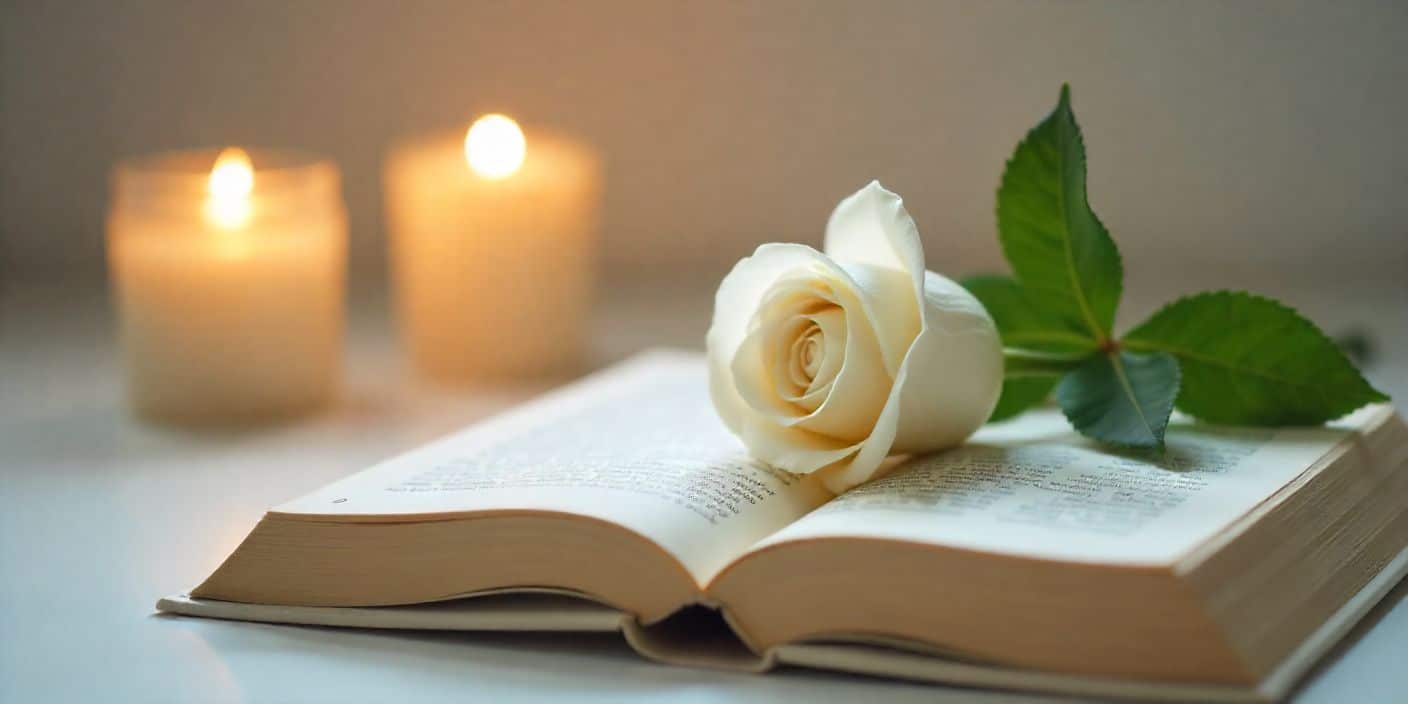 White rose on book with candlelight symbolizing goodbye messages to a sister who passed away.