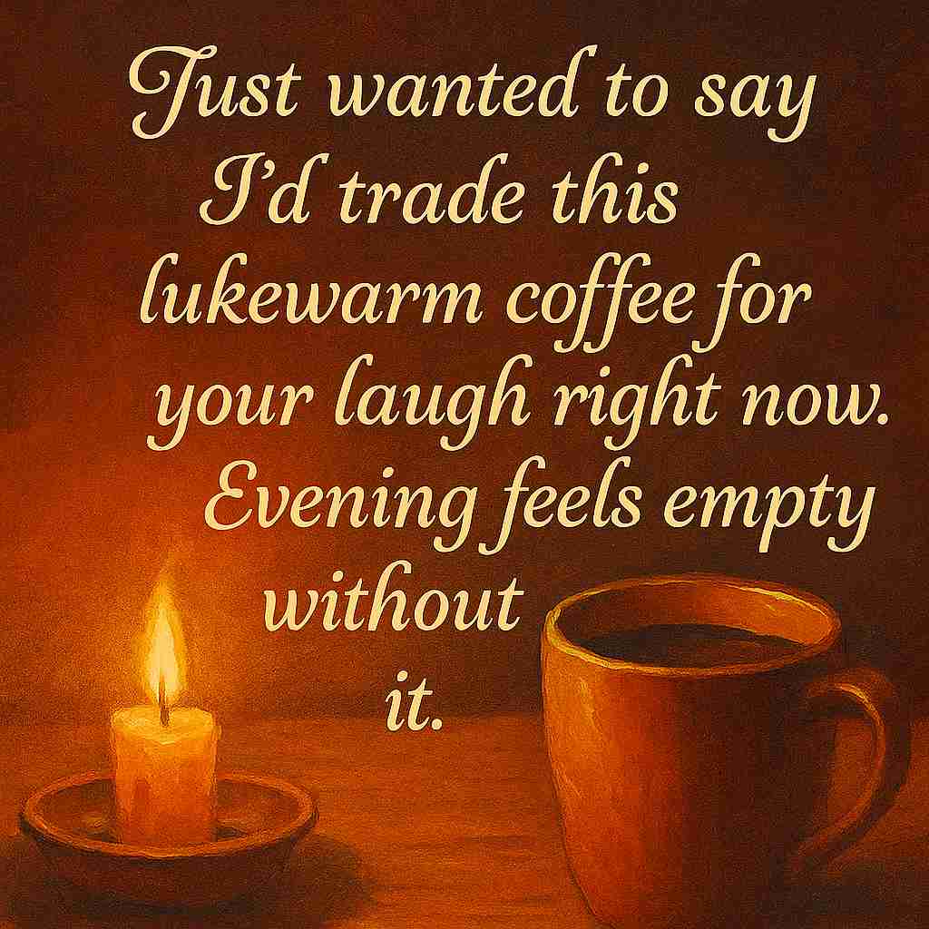 Just wanted to say I’d trade this lukewarm coffee for your laugh right now. Evening feels empty without it.