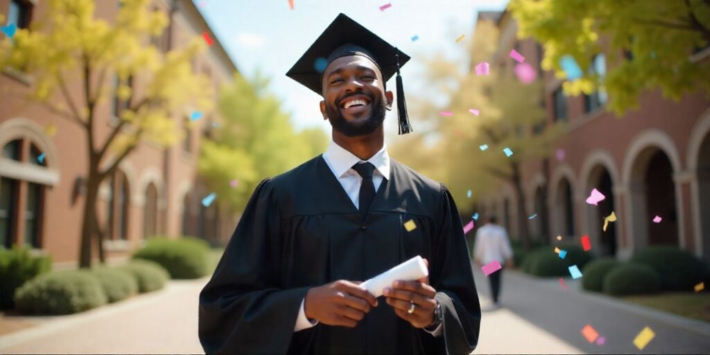 60+ I Am So Proud of You Messages Proud graduate holding diploma with confetti celebration.