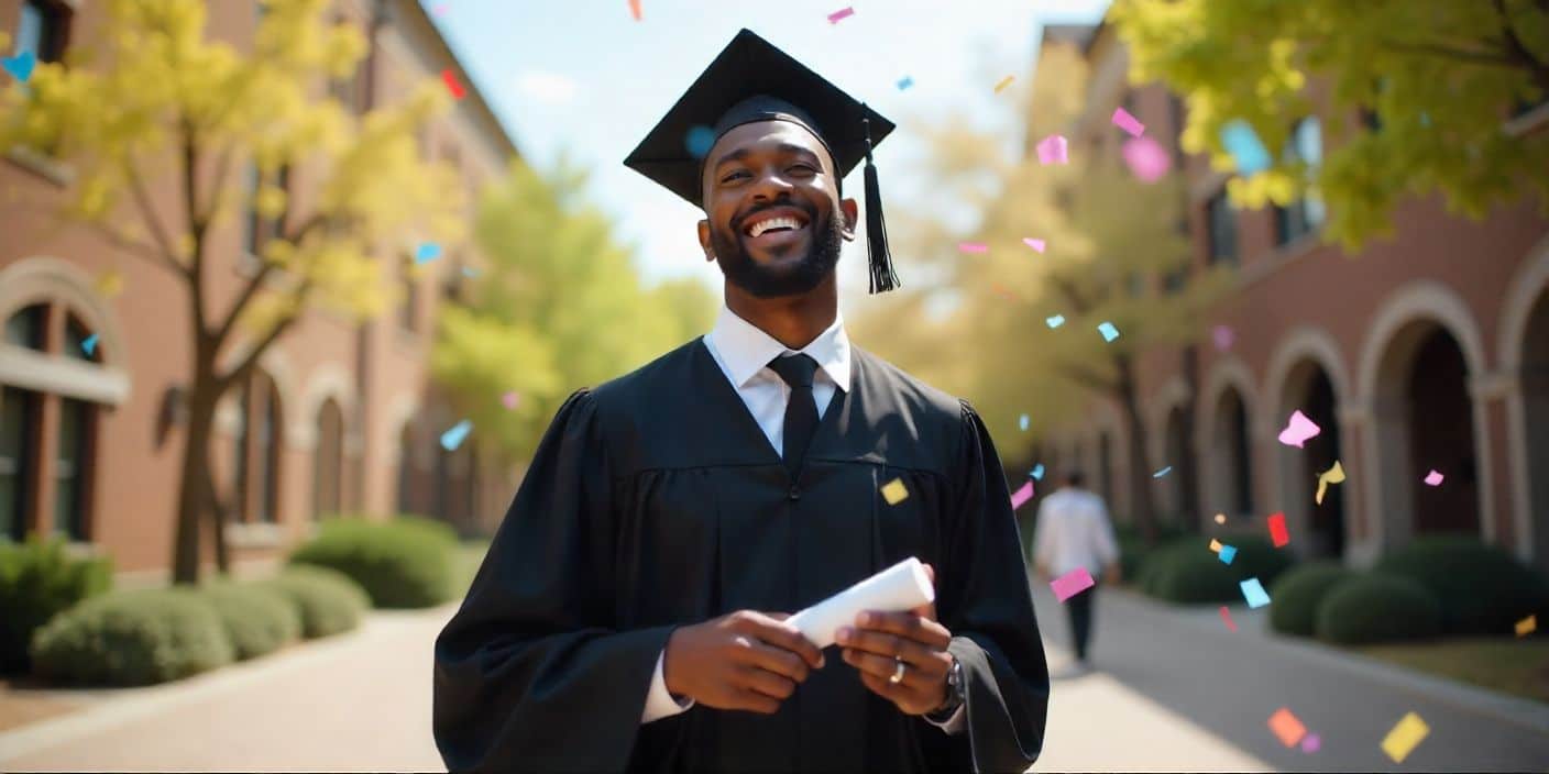 Proud graduate holding diploma with confetti celebration.