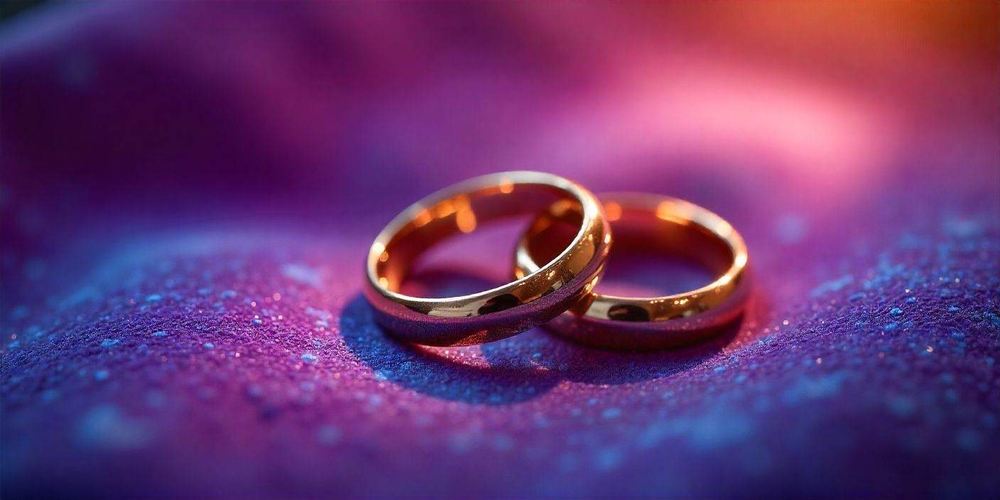 Intertwined wedding rings glowing with heart-shaped light symbolizing forever love.