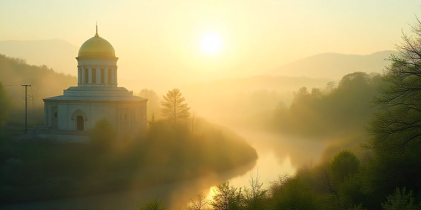 Beautiful sunrise over mosque for Islamic good morning wishes.
