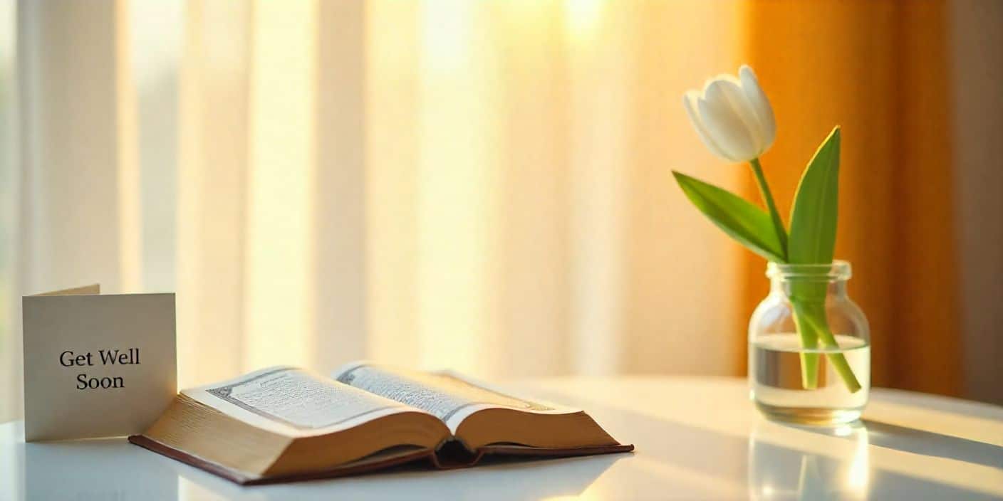 Quran with flowers and recovery card symbolizing Islamic messages for a sick person.