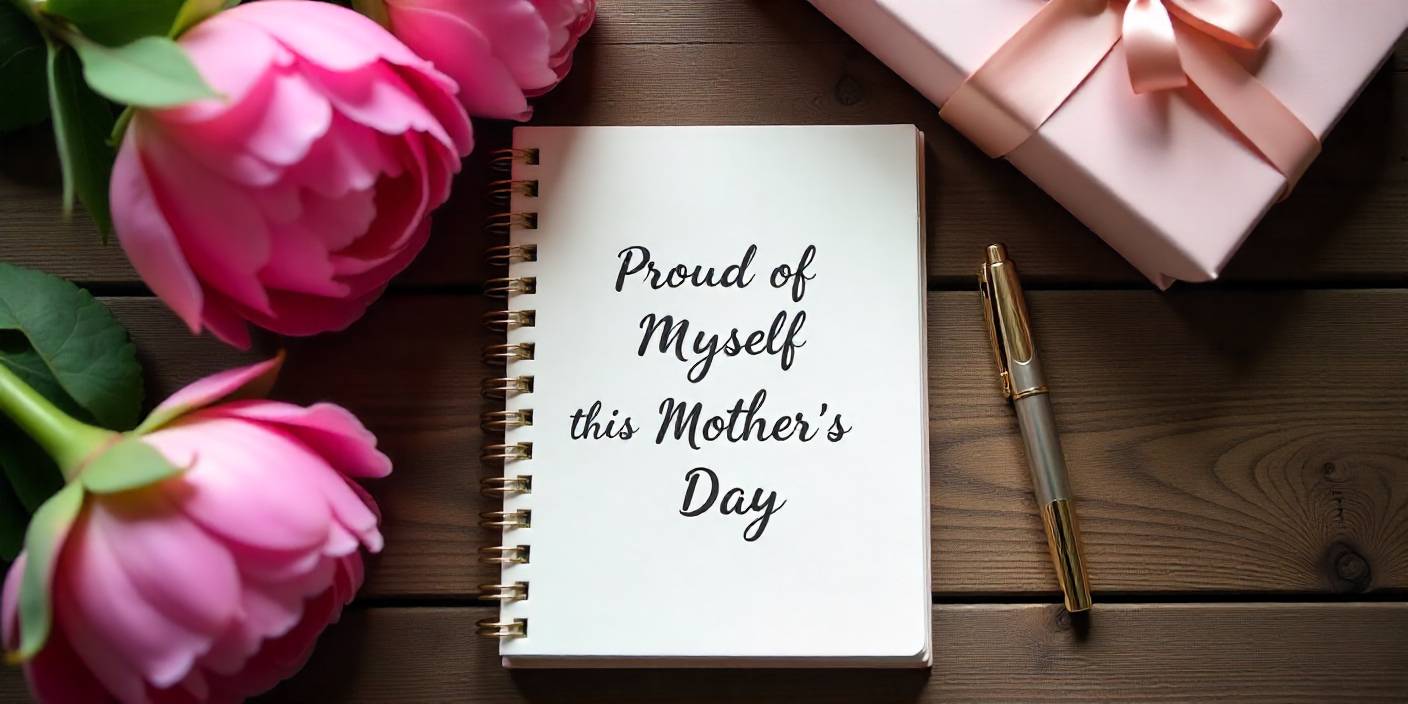 Flat lay of a journal with handwritten note saying 'Proud of Myself This Mother’s Day,' surrounded by flowers, pen, and a small gift box.