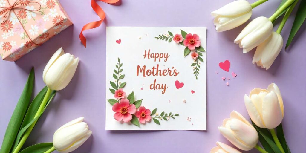 75+ Heartfelt Mother’s Day Messages for Sister Mother’s Day card for sister with tulips and gift box.