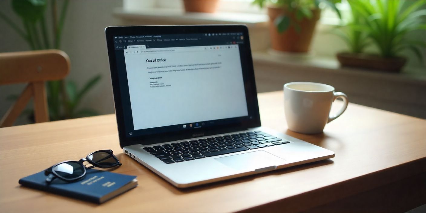 Laptop showing out-of-office email beside passport, sunglasses, and coffee on wooden desk for vacation theme.