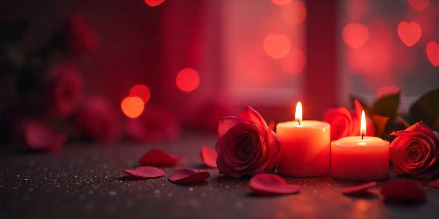 Romantic featured image with glowing hearts, red and pink tones, roses, and candles creating a warm and dreamy atmosphere, perfect for a love blog article
