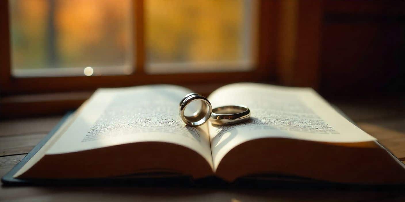 Wedding rings on a heart-shaped book page under candlelight, symbolizing romantic love and trust.