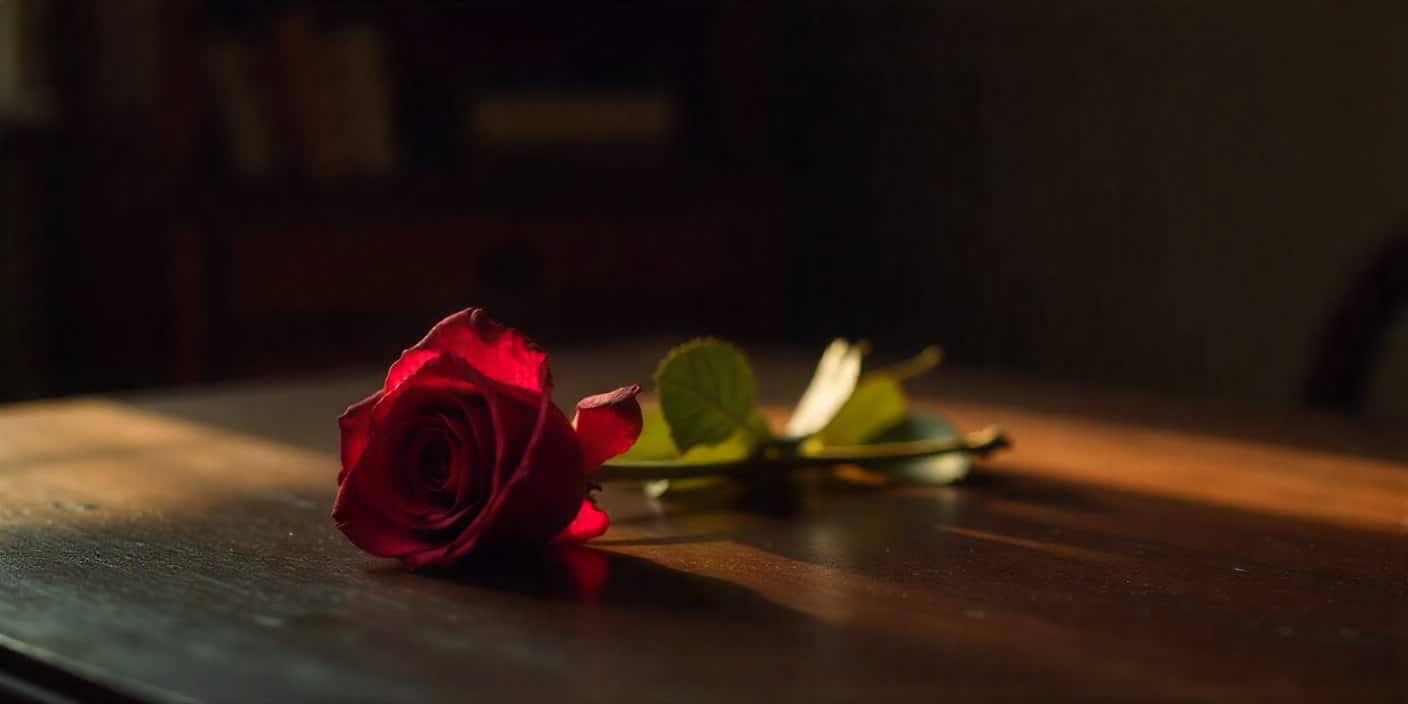 A single wilted red rose lying on a dark wooden table with blurred background, symbolizing pain and lost love.