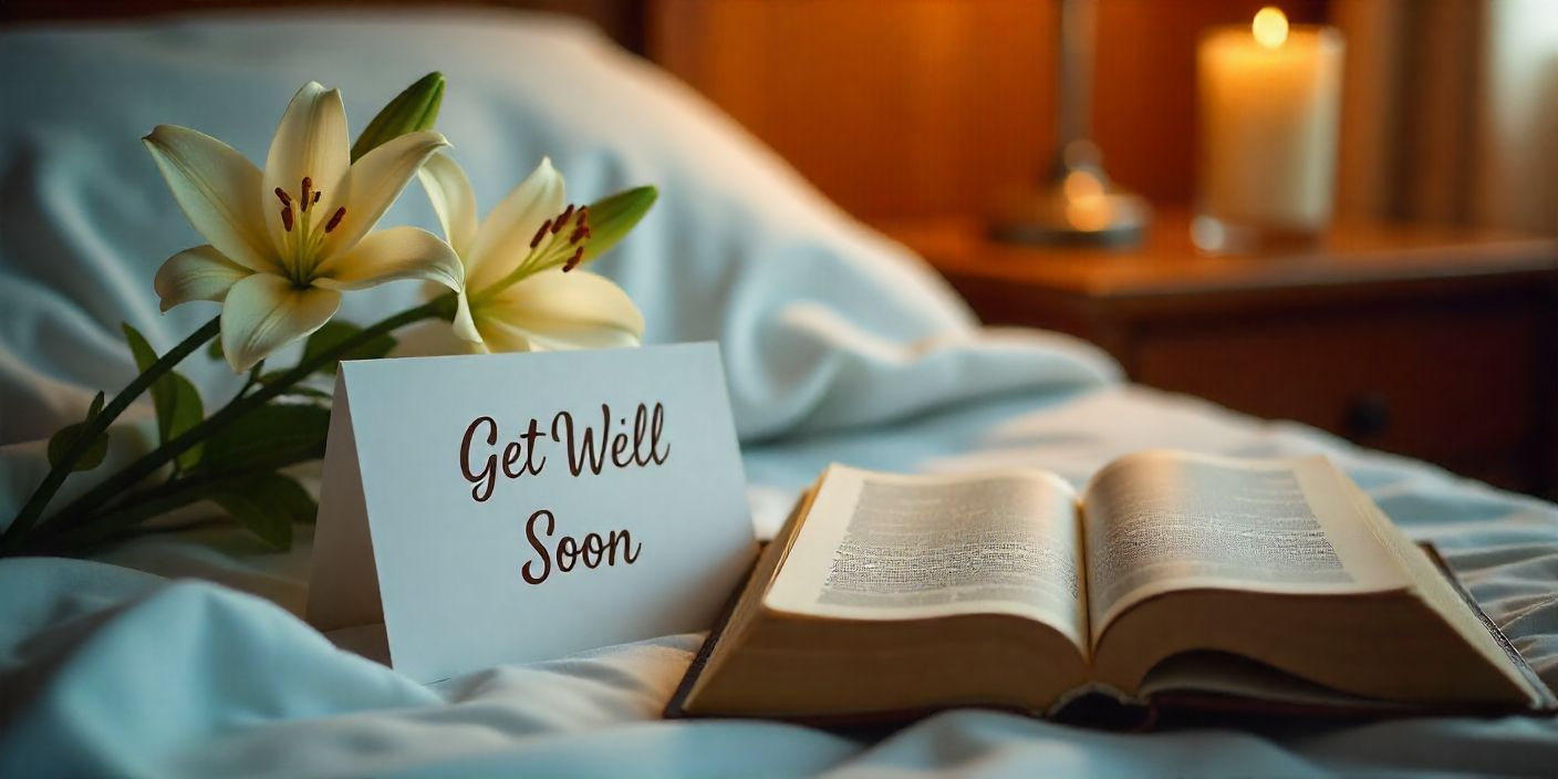 Prayer message card with flowers and candle symbolizing speedy recovery wishes.