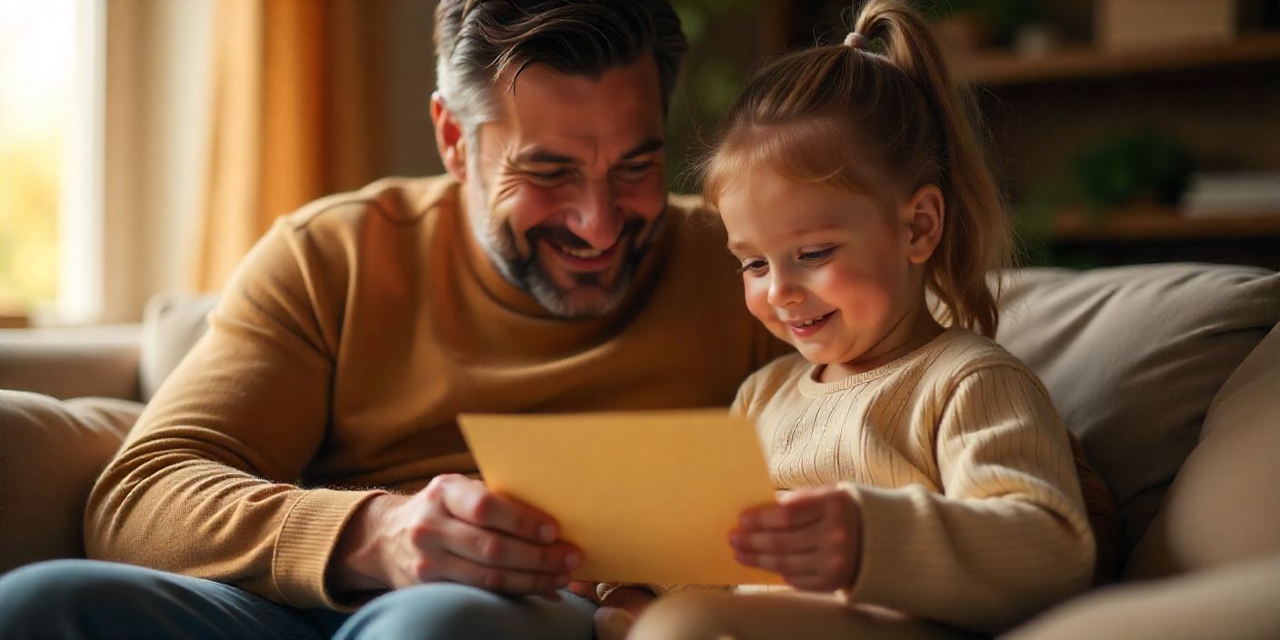Father receiving a thank you note from child at home.