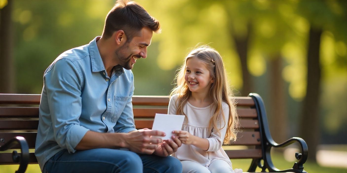 Father giving thank you card to daughter outdoors.