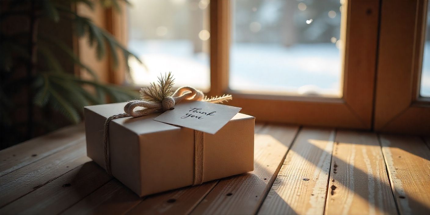 Gift box and thank you card representing heartfelt gratitude for him.
