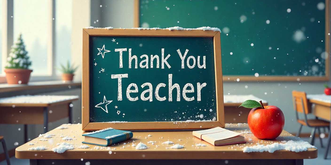 Blackboard with Thank You Teacher written in chalk and colorful doodles.