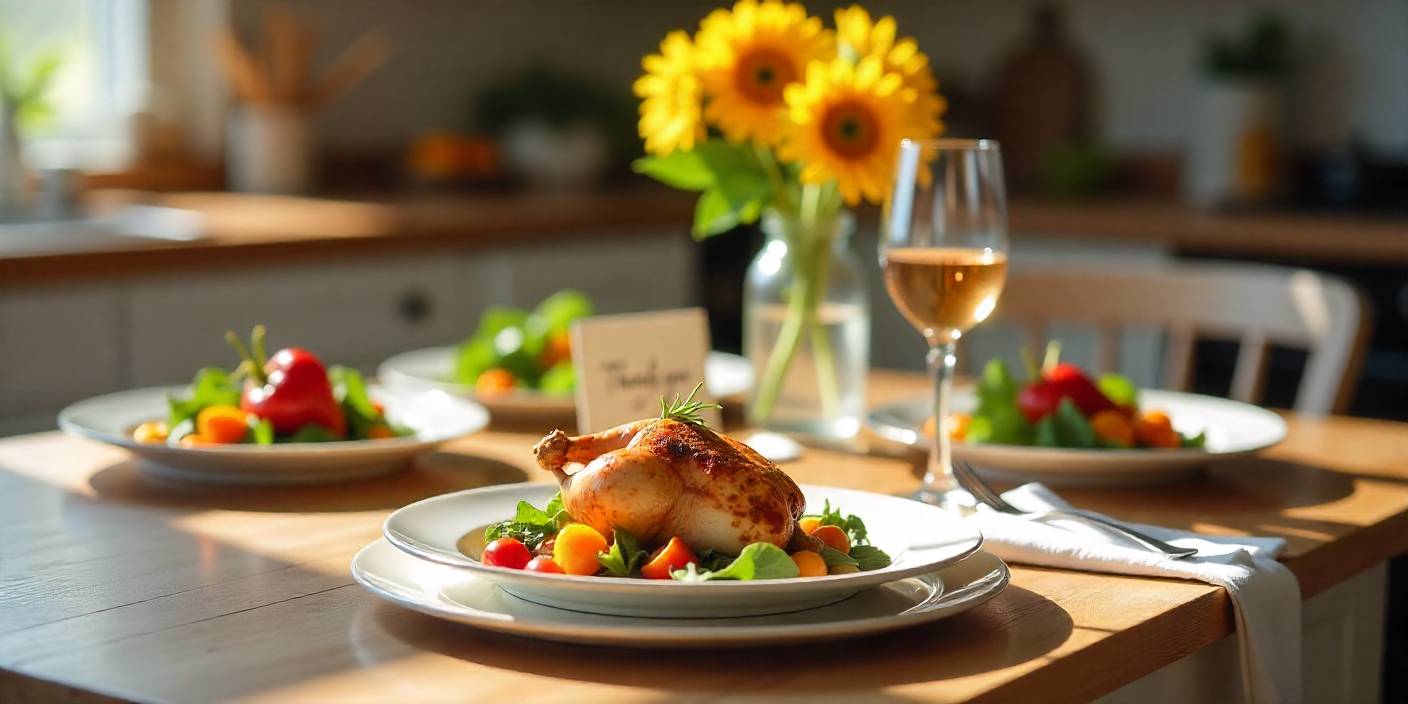 Dining table setup with thank you card for lunch appreciation.