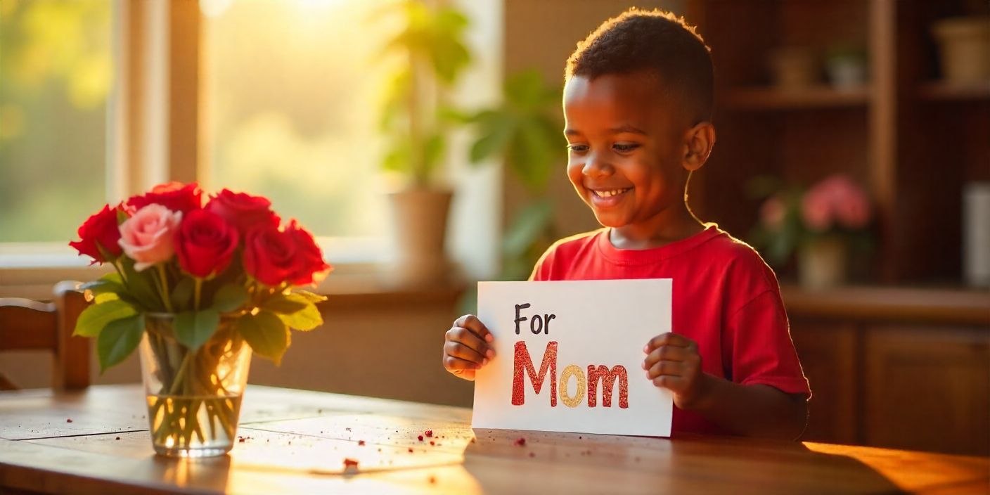 Thank you card for mom placed on table with flowers.