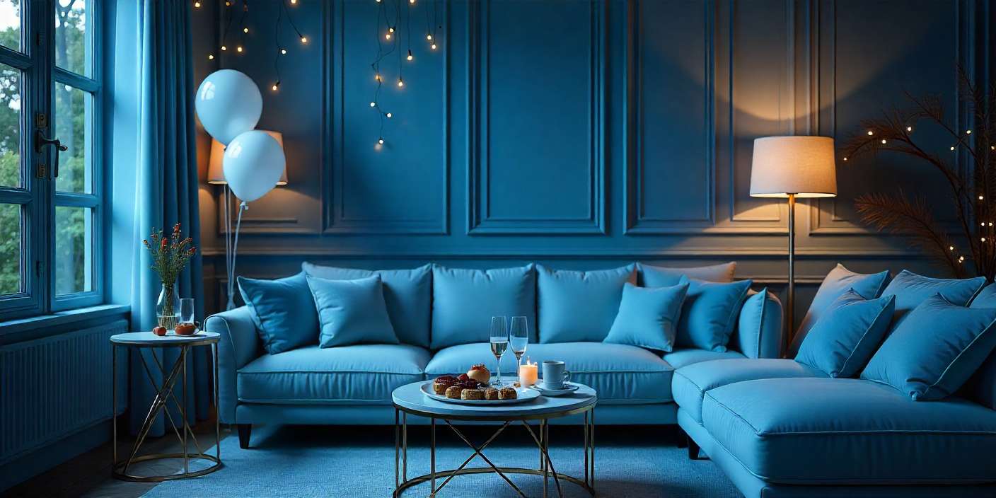Cozy living room decorated with balloons and lights for party.