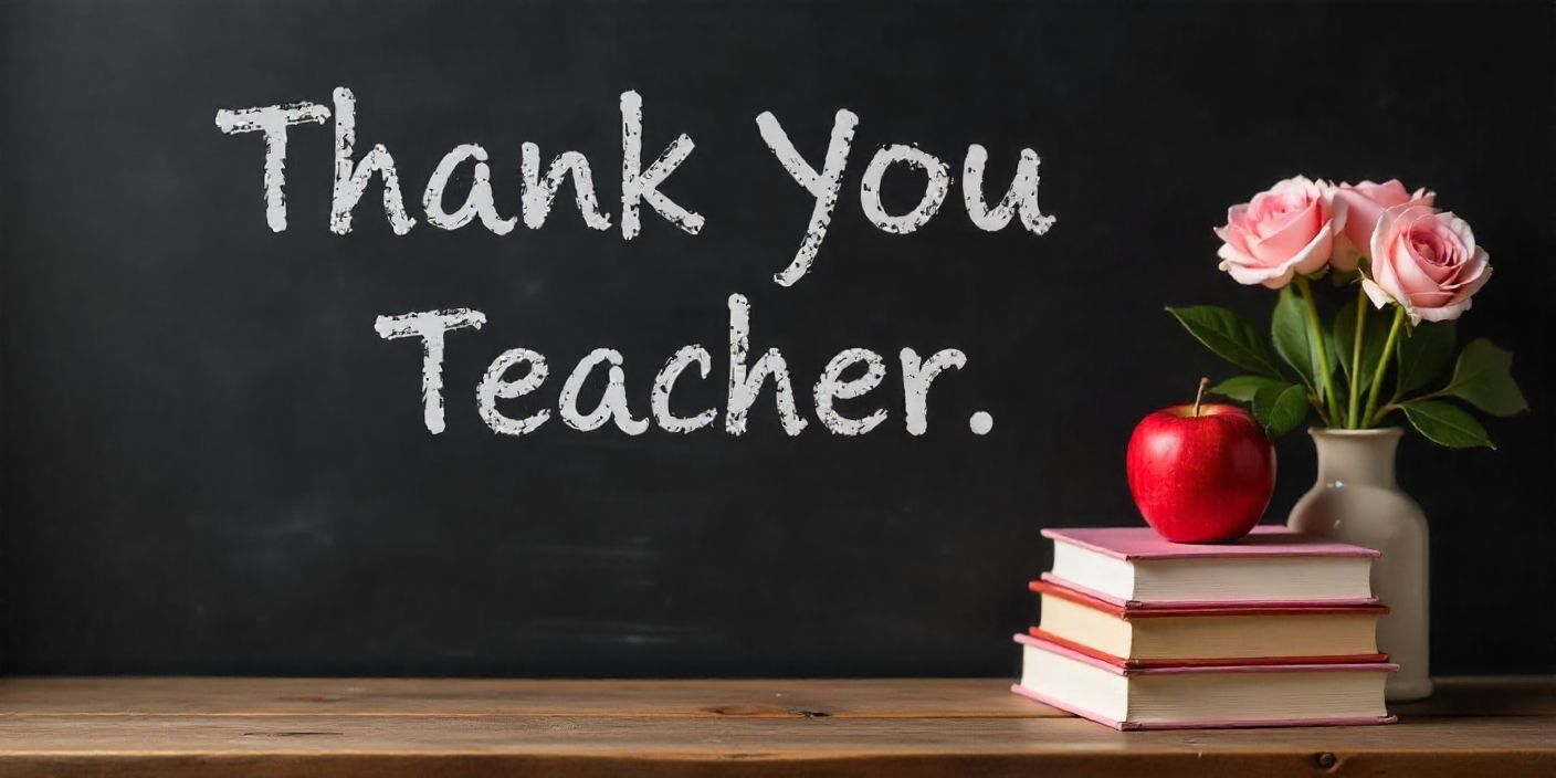 Chalkboard thank you design with books and flowers for teachers from parents.