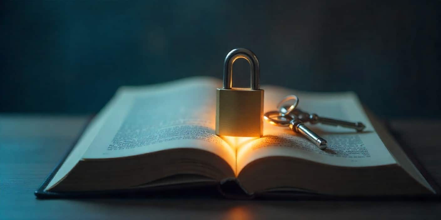 Golden lock and key glowing on an open book symbolizing trust and belief.