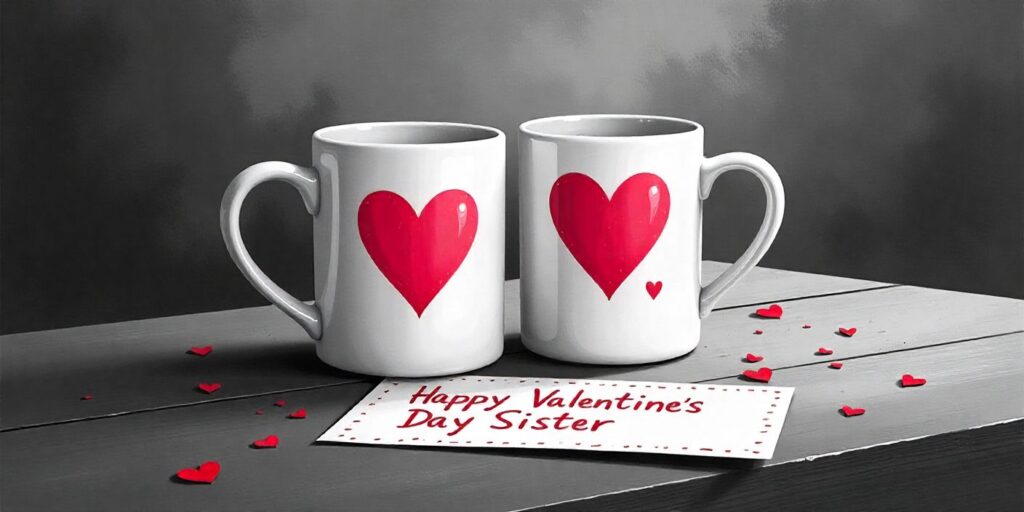 80+ Valentine Messages for Sister with Love Coffee mugs with card saying Happy Valentine’s Day Sister on wooden table.