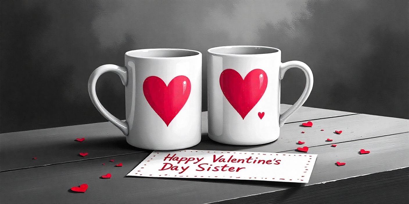 Coffee mugs with card saying Happy Valentine’s Day Sister on wooden table.