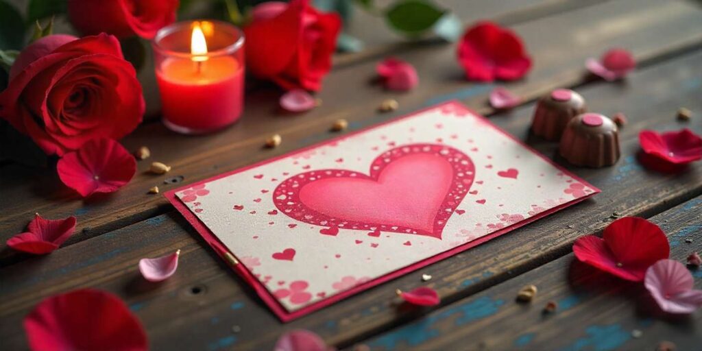 60+ Sweet Valentine’s Messages for Mom Valentine’s card with roses, chocolates, and candles for mom.