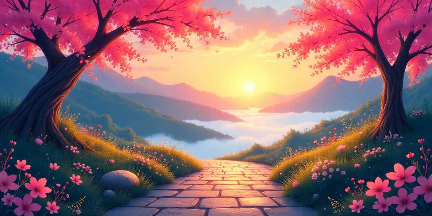 Inspirational sunrise path with flowers symbolizing encouragement for granddaughter.