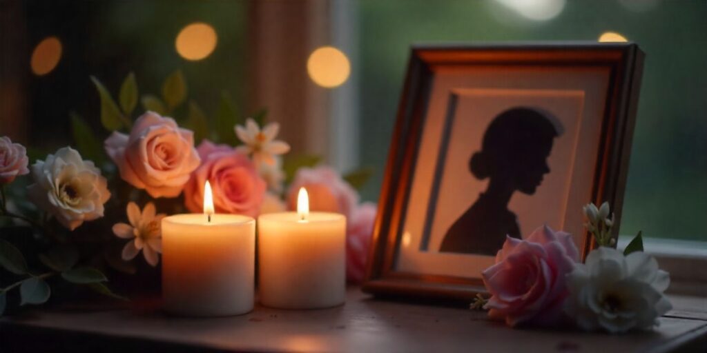 1-Year Death Anniversary Quotes and Messages Memorial candle and framed photo silhouette for one-year death anniversary remembrance.