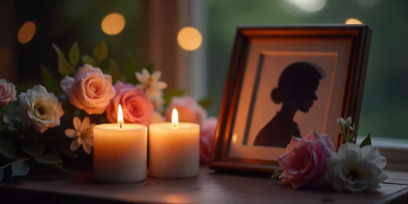 Memorial candle and framed photo silhouette for one-year death anniversary remembrance.