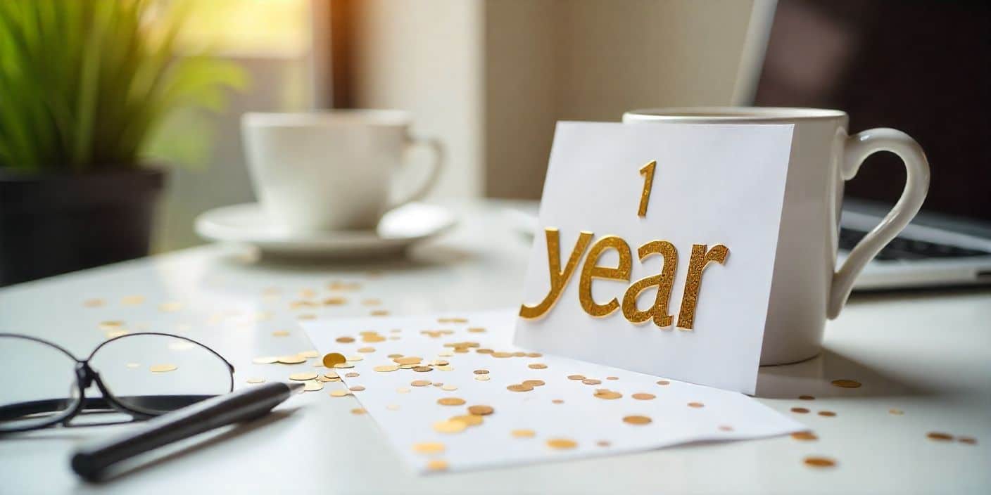 Work desk with golden one-year anniversary card, coffee, and confetti.