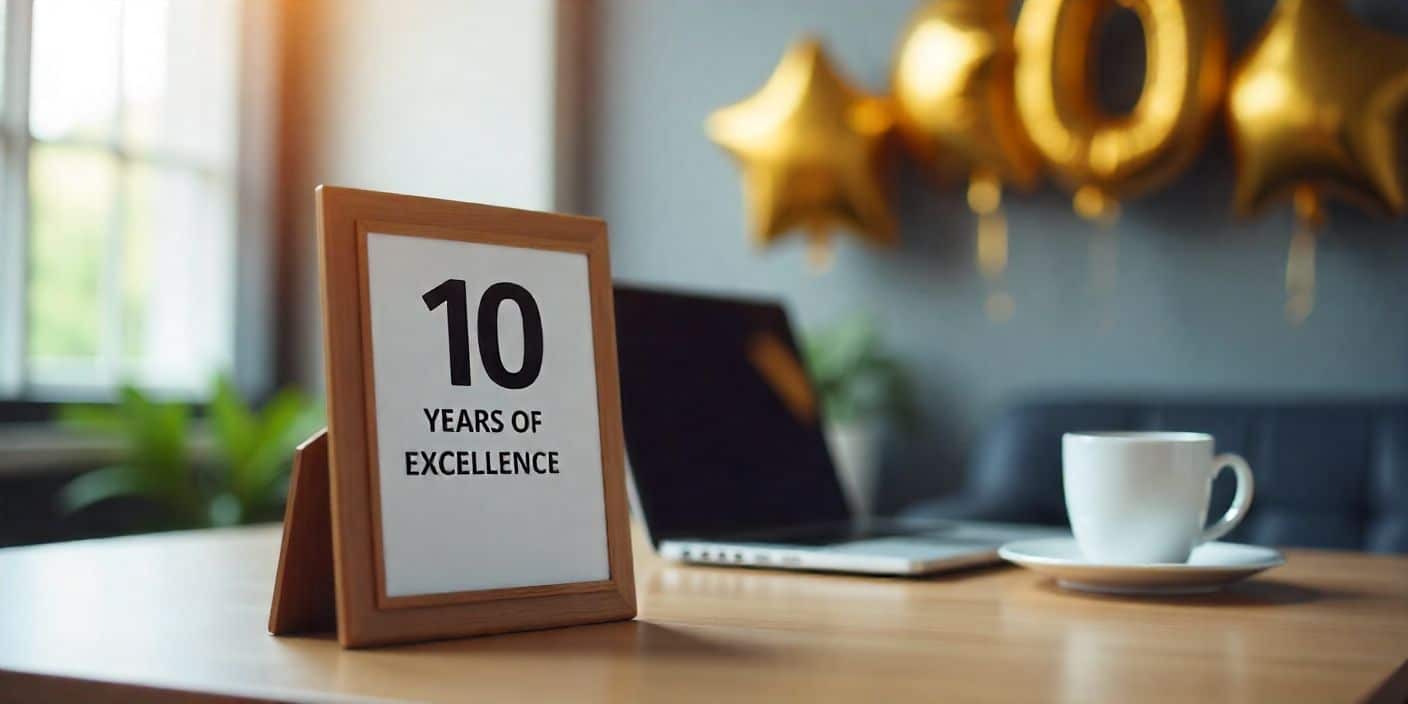 Office celebration with 10-year work anniversary plaque and balloons.